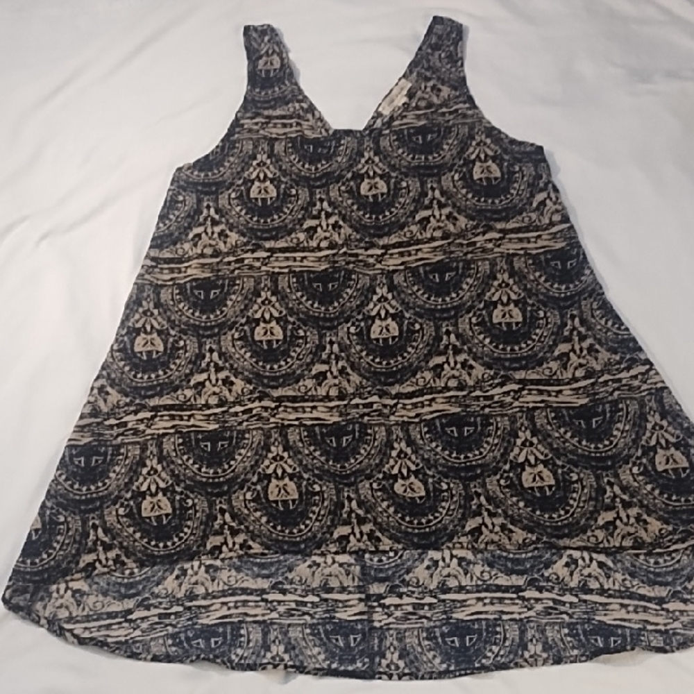 Painted Threads Blue and  Beige. Print Lightweight  Flowy. Mini Sundress.